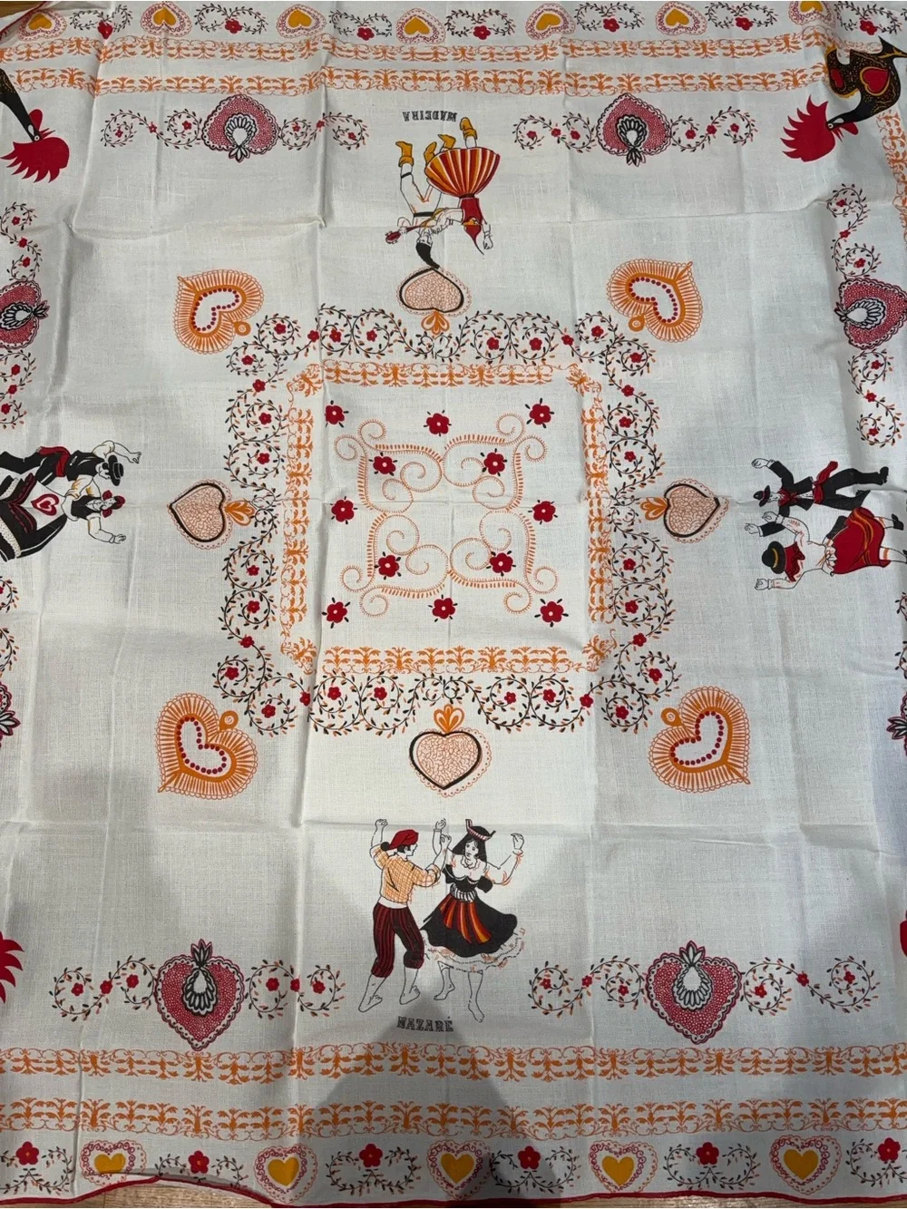Vintage Rooster Print Kitchen table cloth in Red, Orange, Yellow, Black 56x56